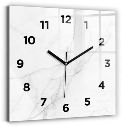 Wallfluent Wandklok - Decoratief marmer Stijlvolle Klok - 30 cm x 30 cm - Wit Wandklok - Zwarte Handen - Wandklok Met Cijfers - Wandklok Glas Woonkamer - Vierkante Glazen Wandklok - Industrieel Wandklok - Stijlvolle Klok
