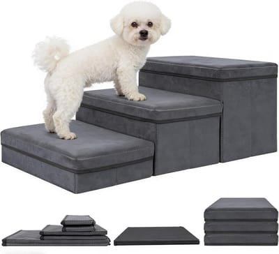 Hondentrap met Opbergruimte, Vouwbare 3-treden Ladder voor Honden en Katten, Extra Brede Dierentrap, Geschikt voor Kleine en Grote Huisdieren, Donkergrijs