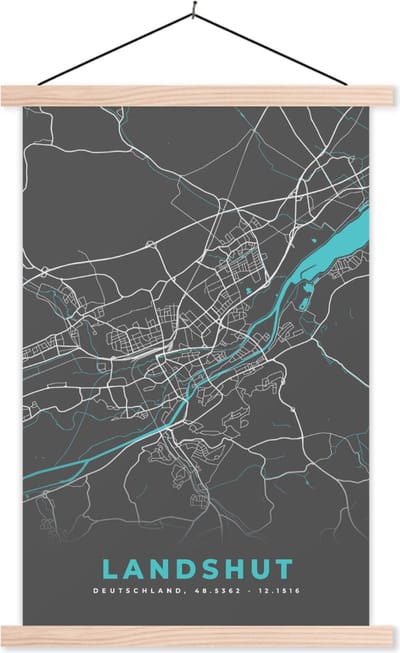 Posterhanger incl. Poster 120x180 cm - Schoolplaat - Duitsland – Blauw – Landshut – Stadskaart – Kaart – Plattegrond - Textielposter - Blanke latten - Stadskaart