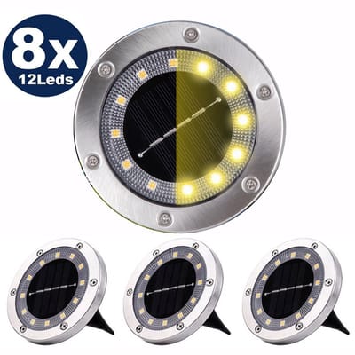8x LED Warm Solar Grondspots – Zilver RVS Tuinverlichting met 12 LEDs – Tuinverlichting op Zonne-energie – IP65 Waterdicht – 8-10 Uur Verlichting voor Buiten – Energiezuinig en Duurzaam