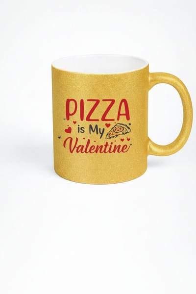 Gouden Glitter Mok met 'Pizza is My Valentine' - Uniek Valentijnscadeau voor Pizzaliefhebbers