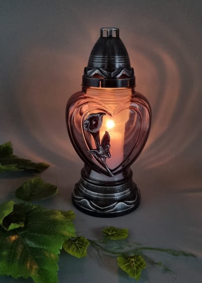 Herdenkingslicht - P39 - Zilver - Grijs glas - Calla - Grafkaars – Graflicht – Graflantaarn – Grafdecoratie - Windlicht