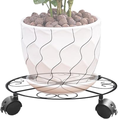 Plantenstandaard met wielen - Bloempot trolley - Planten verplaatsen - Vergrendelbare wieltjes - 31x31x6 cm - Zwart