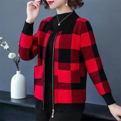 Herfst Middelbare leeftijd Moeder Dunne Ruitjas Alles-match Westerse Stijl Nobele Losse Vest Trui met Lange Mouwen XL rood