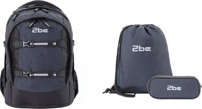 2be Ergonomisch Schoolrugzakset met gymtas en pennenzak - Zwart/grijs - Zwart-grijs