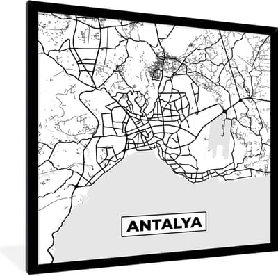 Fotolijst incl. Poster Zwart Wit- Antalya - Stadskaart - Plattegrond - Zwart Wit - Kaart - 40x40 cm - Posterlijst