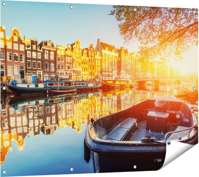 Gards Tuinposter Amsterdamse Brug - Gracht - met Bloemen - 120x90 cm - Tuindoek - Tuindecoratie - Wanddecoratie buiten - Tuinschilderij