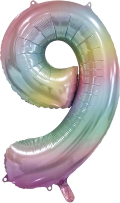 Folieballon cijfer 9 regenboog pastel, 86cm