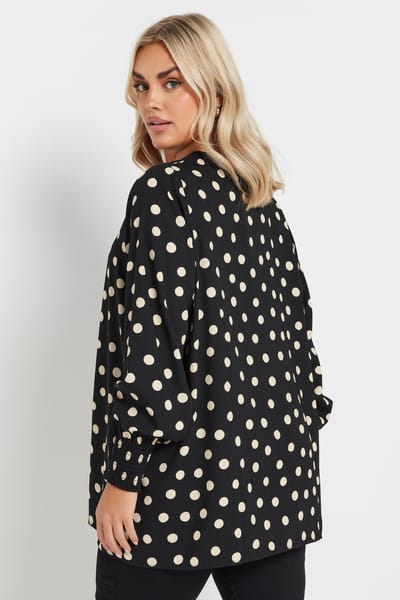 Yours Blouse Met Stippen, Lange Mouwen En Vhals In Zwart Size 62-64
