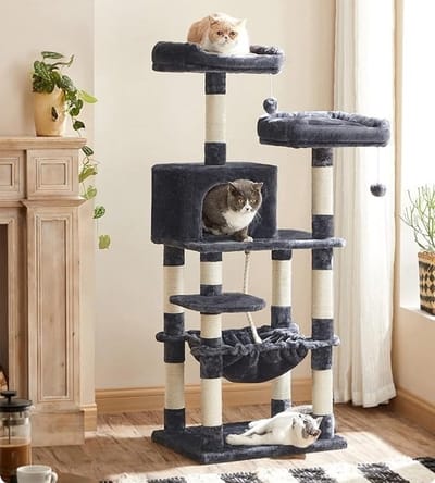 Bobbel Home - krabpaal - 143 cm - stabiele krabpaal met kattenhuis - rookgrijs