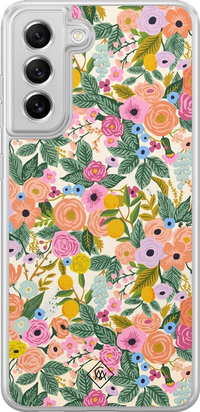 Casimoda® hoesje - Geschikt voor Samsung Galaxy S21 FE - Pink Gardens - 2-in-1 case - Schokbestendig - Bloemen - Verhoogde randen - Roze, Transparant