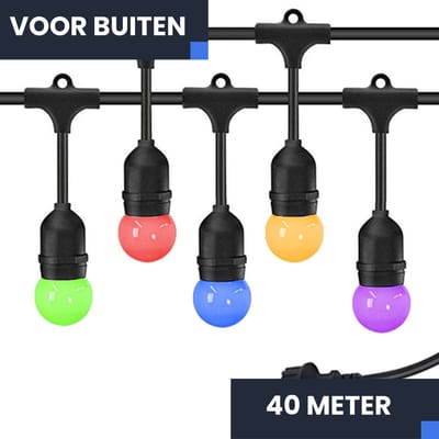 40m Arena LED Prikkabel - IP65 Lichtsnoer Buiten - koppelbaar - inclusief 40x gekleurde E27 lampen - Incl. Stekker