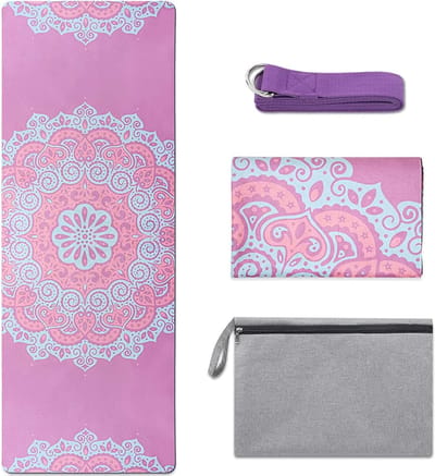 Yogamat, 1 & 1,5 mm, opvouwbare reismat, dun, licht, ecologische yogahanddoek, wasbaar, met draagtas, draagriem, draagbaar, fitnessmat, imitatie suède en natuurlijk rubber, yogamat voor hot