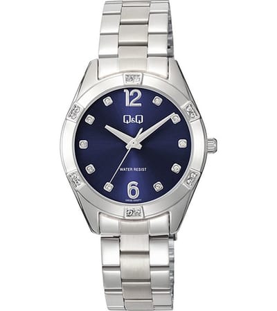 Q&Q Q83B-005PY - Horloge - Polshorloge - Analoog - Dames - Vrouwen - stalen band - Metaal - Overig - Cijfers - Stippen - Briljanten - Zilverkleurig - DonkerBlauw