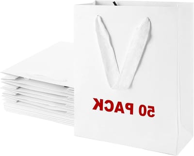 50 stuks papieren cadeauzakjes met handvat, herbruikbaar voor bruiloft en Kerstmis, wit, 15 x 6 x 20 cm