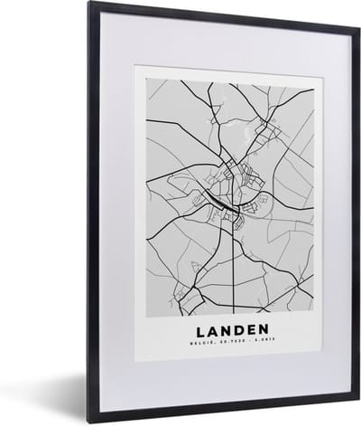 Fotolijst incl. Poster Zwart Wit- Zwart Wit – België – Plattegrond – Stadskaart – Kaart – Landen - 30x40 cm - Posterlijst