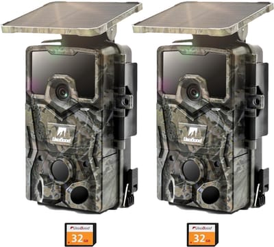 Usogood Wildcamera met Nachtzicht - 4K Ultra HD - Wildcamera met Zonnepaneel - Oplaadbare lithium-Accu - Bewegingsdetectie - Waterdicht - Incl. 32GB SD - 2 Stuks