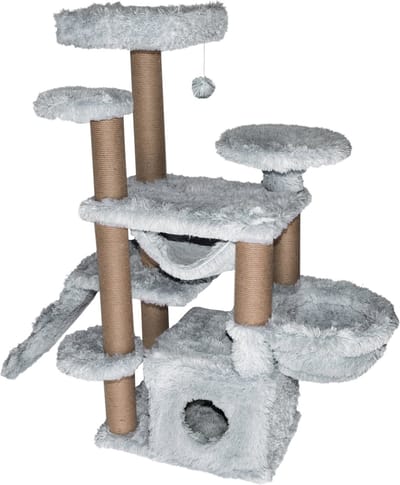 Topmast Krabpaal Fluffy Paris - Grijs - 164 x 65 x 144 cm - Krabpaal voor Grote Katten en Zware Katten - Met Kattenhuis en Hangmat - Stevig Sisal Touw