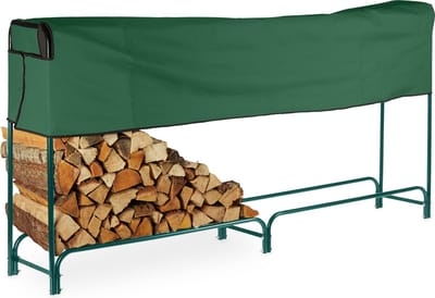 Haardhoutopslag - Houtopberging brandhoutrek met hoes staal houtopslag binnen buiten 122x250x30 cm zwart groen.