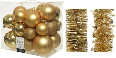 Kerstversiering kunststof kerstballen 6-8-10 cm met folieslingers pakket goud van 28x stuks - Kerstboomversiering