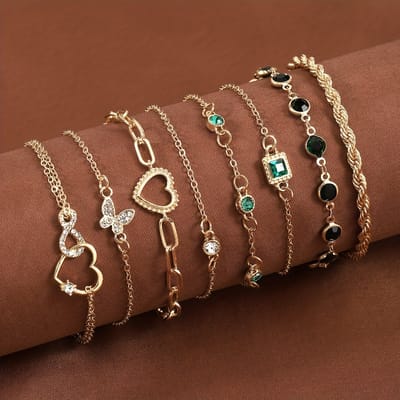 Sjika - Armbandenset Dames Goud – 8 Delige Armbanden Set – Fijne Minimalistische Armbandjes met Bedels & Steentjes – Verstelbaar - Cadeau voor haar