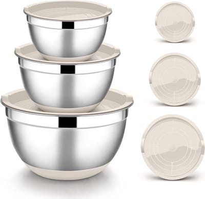 Set van 3 RVS Mengkommen met Luchtdichte Deksel en Antislipbodem voor Keuken, Bakken en Koken, Geschikt voor Vaatwasser - Capaciteit 4.6 L/2.8 L/1.2 L