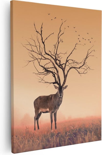 Artaza Canvas Schilderij Hertenkop Met Gewei - 40x50 cm - Wanddecoratie Hert - Muurdecoratie Woonkamer - Schilderijen Op Canvas Surrealistisch
