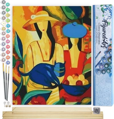 Figured'Art Schilderen op Nummer Volwassenen canvas Vrouwen en blauwe kat - Handwerk acrylverf Kit DIY Compleet - 40x50cm met DIY houten lijst