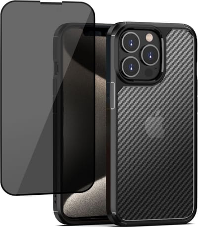 Geschikt voor iPhone 15 Carbon Hoesje + Privacy Screenprotector – Privé - Gehard Glas Cover - Carbon Shock Proof Cover Case