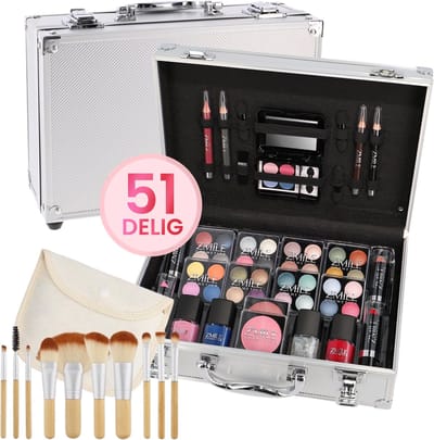 Grijze Make Up Koffer Meisjes Met Inhoud 51-Delig - Make Up Koffer Kinderen - Make Up Koffer Gevuld - Set Inclusief Kwasten & Reis Etui- Grijze Beautycase Meisjes - Veganistische Cosmetica - Grijs - ‎26 x 19 x 9 cm