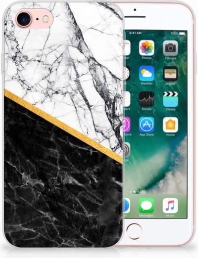 iPhone SE 2022 | SE 2020 | 8 | 7 TPU Siliconen Hoesje Marmer Wit Zwart - Origineel Cadeau Man
