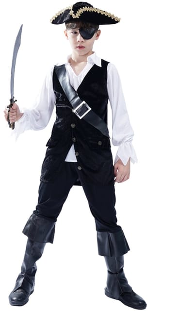 Kostuum Jongens Piraat Zwart – 4-6 Jaar – Inclusief Shirt, Broek met Laarzenhoezen, Gilet, Hoed en Ooglapje – Carnaval & Verkleedkleding