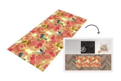 Keukenloper - Loper keuken - Vogel - Bloemen - Patronen - Kolibrie - 120x50 cm - Keukenloper vinyl