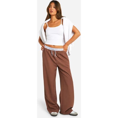 boohoo Dames Contrastgestreepte tailleband, wijde pijpen broek | Mokka | Maat: 34