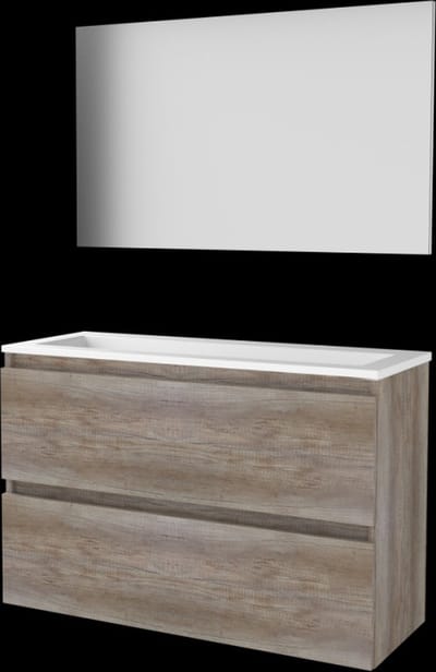 Basic-Line Basic 39 Badkamermeubelset - Ondiep - 100 x 39 cm - Greeploos - 2 Lades - Acryl Wastafel - Zonder Kraangat - Spiegel - Scotch Oak