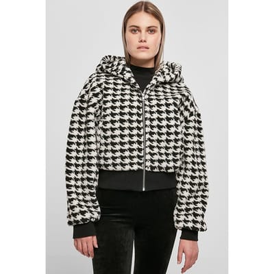 Urban Classics Ladies Short Oversized Aop Sherpa Jacket Blackhoundstooth Maat: S | Faux-Fur Jassen Outlet | Dames | Zwart