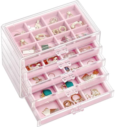 Dailygoody - Sieraden Organizer - Acryl Oorbellen Houder - 5 Lades - Roze - Verstelbare Trays - Perfect voor Vrouwen en Meisjes