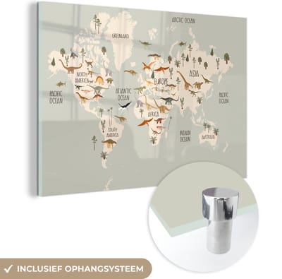 ® Glasschilderij 90x60 cm - Schilderij acrylglas - Wereldkaart kinderen - Dino's - Kinderkamer - Jongens - Meisjes - Kinderen - Foto op glas - Muurdecoratie woonkamer - Wanddecoratie slaapkamer - Schilderijen