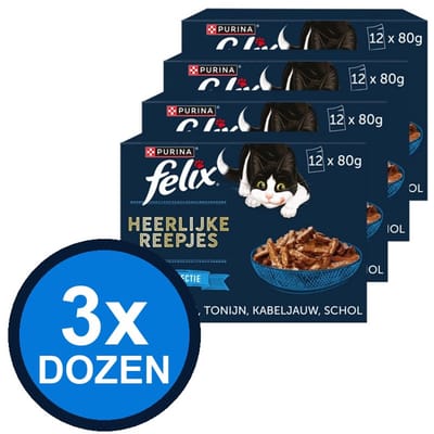 3x Felix - Heerlijke Reepjes Pouch Jus Vis Selectie Multipack - Kattenvoer Natvoer - 960 g