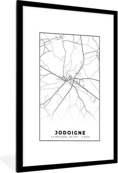Fotolijst incl. Poster Zwart Wit- Stadskaart – Zwart Wit - Kaart – Jodoigne – België – Plattegrond - 60x90 cm - Posterlijst