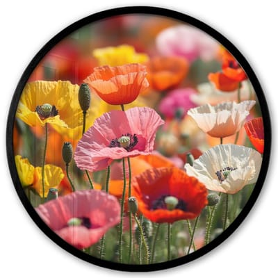 Poster in lijst Rond - Fotolijst 40x40 cm - Posters - Bloemenveld - Klaprozen - Kleurrijk - Ronde posterlijst zwart - Decoratie - Wanddecoratie woonkamer - Muurdecoratie slaapkamer