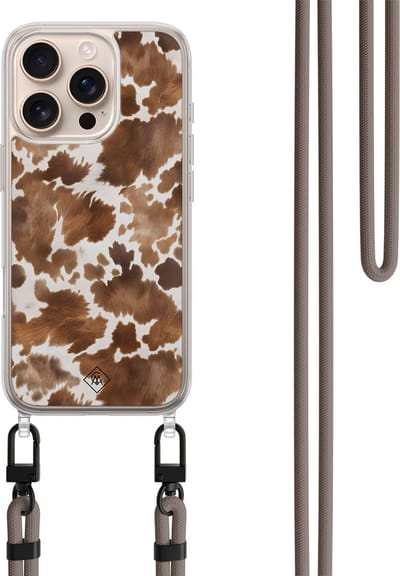 Casimoda® hoesje met koord - Geschikt voor iPhone 16 Pro - Cowhide Chic - Afneembaar koord - TPU/polycarbonaat - Bruin/beige