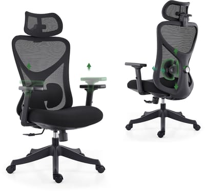 CALIYO Ergonomische Bureaustoel - Bureaustoelen voor Volwassenen -bureaustoelen voor volwassenen-Opklapbare armleuningen-Lendensteun-Verdikt en verbreed zitkussen - Zwart – Zwart
