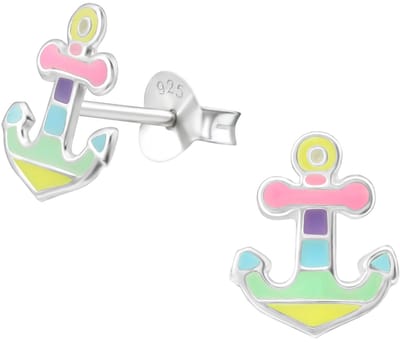 Joy|S - Zilveren anker oorbellen - 8 x 10 mm - pastel kleurtjes - oorknoppen