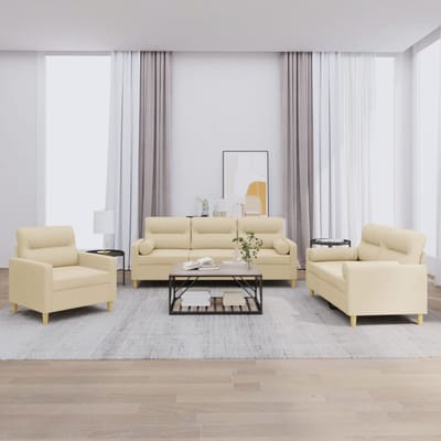 vidaXL - 3-delige - Loungeset - met - kussens - stof - crèmekleurig