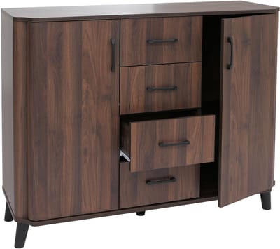 Commode MCW-P42, dressoir, 4 lades, opbergruimtes, 2 deuren, MDF 92x120x40 cm ~ walnootlook