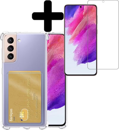 Hoesje - Geschikt voor Samsung Galaxy S21 FE - Met Screenprotector - En Pashouder - En Kaarthouder - Telefoon Hoes Shockproof - Siliconen Case - Back Cover - Shock Proof - Pasjes Houder - Telefoonhoesjes - Transparant