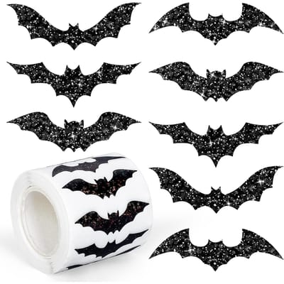 500 Stuks Halloween Vleermuis Stickers Rol Laser Zwarte Vleermuis Waterdicht Glitter Zelfklevende Stickers Voor Halloween Feest
