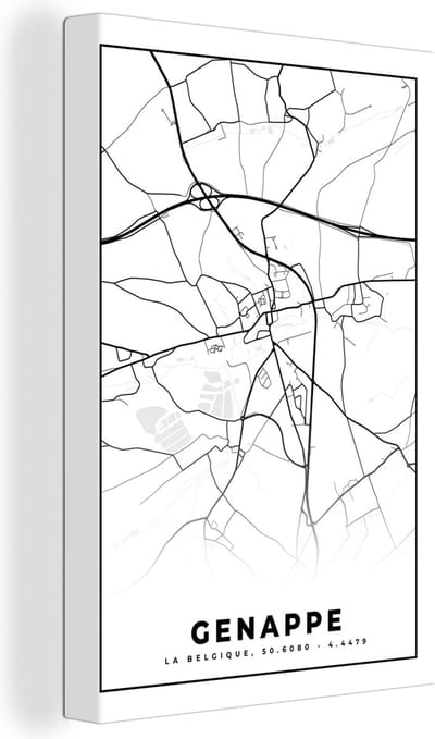Canvas Schilderij Stadskaart – Plattegrond – België – Zwart Wit – Genappe – Kaart - 20x30 cm - Wanddecoratie