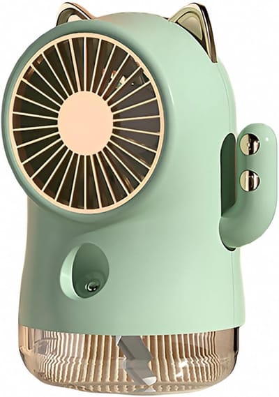 Ventilator - Mini ventilator - Oplaadbare kleine ventilator met vernevelaar, krachtige luchtstroom met 3 standen, draagbare tafelventilator, brede luchtverspreiding, stille oscillerende luchtcirculator voor thuis en op kantoor (groen)